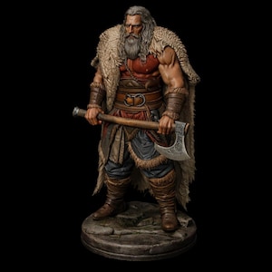 May include: A detailed figurine of a Viking warrior, holding an axe. The figure has a long grey beard, fur cloak, and leather armour. The warrior stands on a stone base against a black background. The axe is silver and brown.