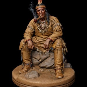 May include: A detailed sculpture of a Native American man in traditional attire, seated and smoking a pipe. The figure wears a fringed tunic, beaded necklaces, and a feathered headdress. The sculpture is on a circular base with a dark background.
