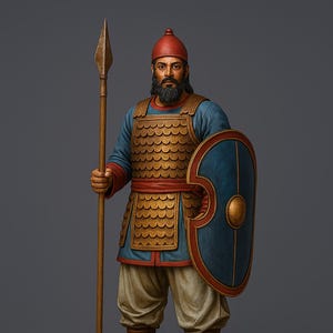 Pode incluir: Estatueta detalhada de um guerreiro em traje histórico. A figura segura uma lança e um escudo, usando um gorro vermelho, armadura dourada, túnica azul e calças bege. A base é texturizada para se assemelhar a uma superfície rochosa.