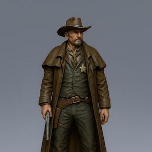 May include: A detailed figurine of a cowboy in a brown hat and long coat, holding a gun. The figure wears a vest, shirt, and trousers in shades of green and brown, with a sheriff's star on the chest. The figurine stands on a brown base.