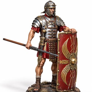May include: A detailed figurine of a Roman legionary wearing a silver segmented lorica segmentata, a red tunic, and a crested helmet. The figure holds a long spear and a large red rectangular shield with gold wing motifs, standing on a rocky base.