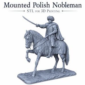 May include: A 3D-printed sculpture of a mounted Polish nobleman, holding a saber. The figure is in historical attire, riding a horse with detailed tack. The base is textured, and the text "Mounted Polish Nobleman" and "STL FOR 3D PRINTING" are visible.