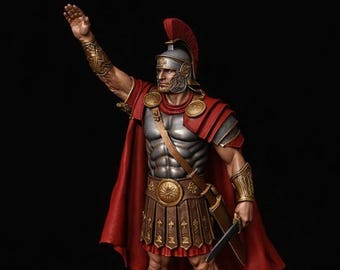 May include: A detailed figurine of a Roman centurion in full armor. The figure is clad in silver and gold armor, a red cape, and a helmet with a red crest. The centurion is holding a sword and raising his right arm in a salute.