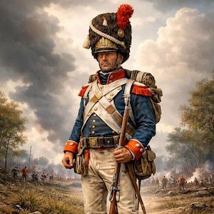 Puede incluir: Pintura detallada de un soldado con abrigo azul con ribetes rojos, pantalones blancos y un sombrero negro alto con una pluma roja. El soldado lleva un rifle y está de pie sobre una base de piedra en un campo, con otros soldados al fondo.