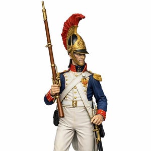 May include: A detailed figurine of a soldier in a blue coat, white pants, and black boots, holding a rifle. The soldier wears a gold helmet with a red plume and a white vest with gold accents. A sword hangs at his side.