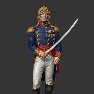 May include: A detailed figurine of a military officer in a blue uniform with gold epaulettes, red sash, and white pants. The officer holds a sword and stands on a circular base. The figure has curly blonde hair and wears black boots.