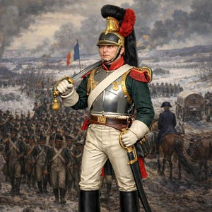 May include: A detailed figurine of a French Hussar soldier in a historical military uniform. The figure wears a silver breastplate, green jacket, white trousers, and black boots. The soldier holds a sword and stands on a circular base. The background depicts a snowy battlefield.