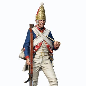 May include: A detailed figurine of a soldier in a blue coat, white breeches, and a tall, ornate hat. The figure holds a rifle and a small instrument, possibly a pipe. The base is a brown, textured surface.