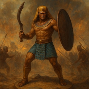 Peut inclure: Illustration d'un guerrier égyptien antique, tenant une épée incurvée et un bouclier rond. Le guerrier est musclé, portant une coiffe dorée, un collier, une ceinture et une jupe bleue. Le fond représente une scène de bataille.
