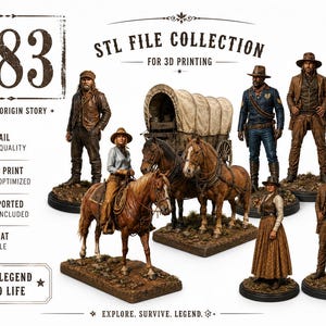 May include: A collection of 3D-printed figurines depicting characters and scenes from the "1883" Yellowstone origin story. The image includes cowboys, a covered wagon, and horses. Text reads "STL File Collection for 3D Printing" and "Bring the Legend of 1883 to Life."