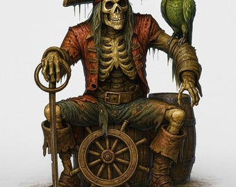 Fantasiskelettpirat STL | Odöd piratkapten med papegoja | 3D-utskrivbar miniatyr
