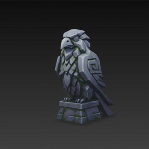 May include: A gray stone sculpture of a stylized bird, possibly an eagle or hawk, perched on a square base. The bird has detailed feather carvings and is covered with patches of green moss. The sculpture has a weathered appearance.
