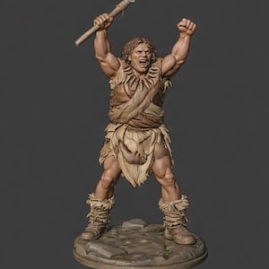 May include: A detailed figurine of a muscular caveman in a dynamic pose, holding a spear aloft. The figure wears a fur tunic, loincloth, and boots, standing on a rocky base. The caveman's face is contorted in a yell, with arms raised.
