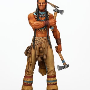 May include: A detailed figurine of a Native American warrior holding two tomahawks. The figure is dressed in tan and brown clothing with decorative beadwork and feathers. The warrior has long black hair and a stern expression.