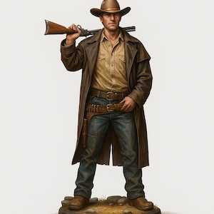 Cowboy STL-miniatyr | Vilda västern 3D-utskriftsmodell | Cowboy med gevärfigur