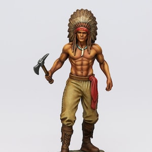 May include: A detailed figurine of a Native American warrior. The figure wears a feathered headdress, a red headband, and a red sash. He holds a small axe and is dressed in tan pants and boots. The figurine is on a small, green base.