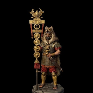 May include: A detailed figurine of a Roman legionary, featuring a wolf-head helmet and ornate armor. The figure holds a standard with an eagle and the inscription "LEG XIII". The color palette includes gold, red, and brown tones.