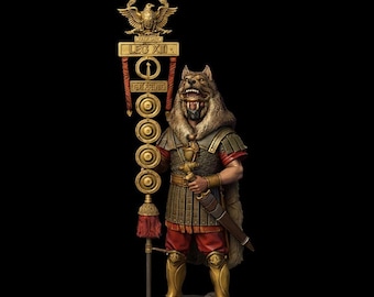 May include: A detailed figurine of a Roman legionary, featuring a wolf-head helmet and ornate armor. The figure holds a standard with an eagle and the inscription "LEG XIII". The color palette includes gold, red, and brown tones.