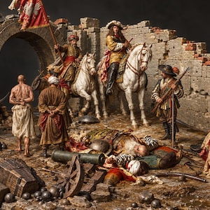 May include: A detailed diorama depicting a historical battle scene with miniature figures, including soldiers in period attire, two white horses, a red flag, a fallen cannon, and scattered cannonballs set against a ruined stone wall archway.