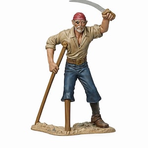 May include: A figurine of a pirate with a red bandana, eye patch, and a tan shirt, holding a saber aloft. He stands on a small base with a wooden crutch. The pirate wears blue pants and brown boots.