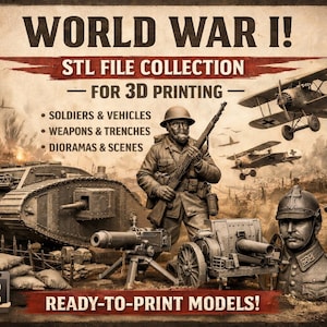 Puede incluir: Anuncio de una colección de archivos STL de la Primera Guerra Mundial para impresión 3D. La imagen presenta un tanque, biplanos, soldados, armas y el texto "READY-TO-PRINT MODELS!"