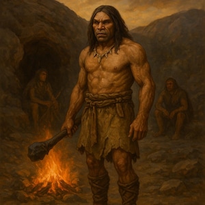 May include: A strong cave dweller stands holding a club, wearing a loincloth and leg wraps. A necklace adorns their neck. A fire burns in the foreground, with other figures and a cave in the background. The artwork has a warm, earthy colour palette.