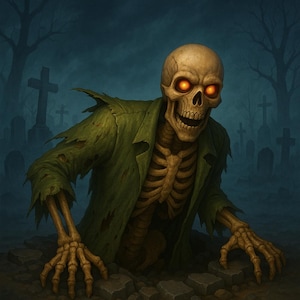 Puede incluir: Ilustración digital de un zombi que emerge de una tumba en un cementerio espeluznante. El zombi tiene una cara esquelética con ojos naranjas brillantes y lleva un abrigo verde andrajoso. El fondo presenta lápidas y árboles desnudos bajo un cielo oscuro.