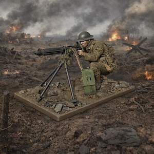 May include: A detailed miniature figurine of a soldier operating a machine gun in a war scene. The soldier is crouched, aiming the gun, with a backdrop of a battlefield with smoke and fire. The figurine is on a rectangular base.