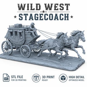 May include: A gray 3D model of a Wild West stagecoach pulled by two horses. The stagecoach has detailed windows and wheels. A figure sits on the driver's seat. The image includes text that says "WILD WEST STAGECOACH", "STL FILE FOR 3D PRINTING", "3D PRINT READY", and "HIGH DETAIL OPTIMIZED MODEL".