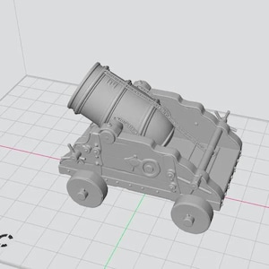 May include: A gray model of a mortar cannon, a historical artillery piece. The cannon features a large barrel, wheels, and intricate detailing. The design is reminiscent of a classic military weapon.