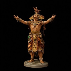 May include: A detailed sculpture of a figure in traditional attire, arms outstretched. The figure wears ornate gold jewelry, a feathered headdress, and a decorative skirt. The statue is set against a black background, highlighting the intricate details.