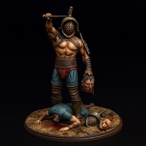 Op de afbeelding: Gedetailleerd beeldje van een Romeinse gladiator met een bronzen helm, die een zwaard en een afgehakt hoofd vasthoudt. De gladiator staat boven een gevallen tegenstander, met een tweede afgehakt hoofd in de buurt. De basis is een cirkelvormig platform.