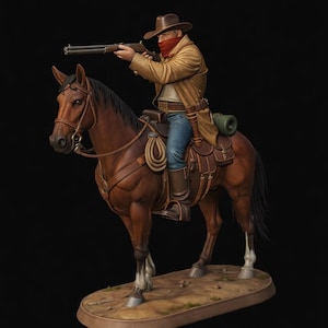 Peut inclure: Figurine détaillée d'un cow-boy à cheval, visant avec un fusil. Le cow-boy porte un chapeau marron, un manteau beige, un foulard rouge et un jean bleu. Le cheval est marron avec une selle et une corde. La base est ovale et beige.