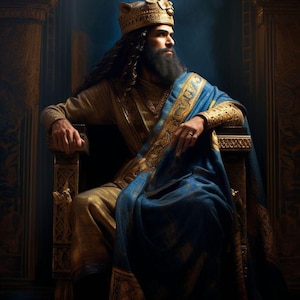 以下が含まれることがあります： 王座に座る威厳のある人物。金と青のローブをまとい、金の王冠をかぶっている。長い黒いひげを生やしている。王族と歴史的壮大さを感じさせるイメージ。