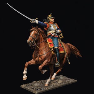 Könnte beinhalten: Detaillierte Figur eines berittenen Soldaten in historischer Uniform, der ein Schwert hochhält. Das Pferd hat eine satte braune Farbe, und die Kleidung des Soldaten umfasst blaue, rote und silberne Akzente. Die Figur ist vor einem schwarzen Hintergrund.