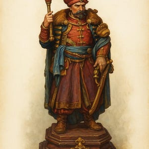 May include: A detailed illustration of a figure in historical attire. The figure wears a red tunic, a fur-lined collar, and a blue cape. He holds a scepter and a sword, standing on a decorative wooden base. The figure's head is adorned with a feathered headdress.