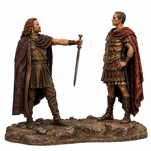 May include: A detailed figurine set featuring two historical figures standing on a rocky base. One figure with long hair wears a plaid cloak and holds a sword toward the other figure, who is dressed in ornate Roman-style armor and a red cape.