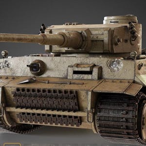 May include: A detailed model of a military tank, primarily in shades of tan and brown, with a long barrel and visible treads. The tank has intricate details, suggesting a historical or collectible item.