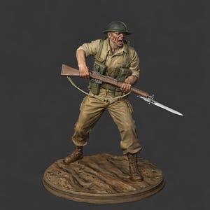 May include: A detailed figurine of a soldier in a tan uniform, helmet, and boots, holding a rifle with a bayonet. The figure is on a circular base, with a distressed, battle-worn appearance. The soldier appears to be yelling.