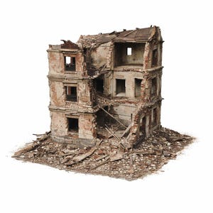 Puede incluir: Maqueta detallada de un edificio de tres pisos en estado de deterioro. Faltan secciones de muros y techo, revelando espacios interiores. Los escombros, incluyendo ladrillos y madera, rodean la base, sugiriendo un colapso.