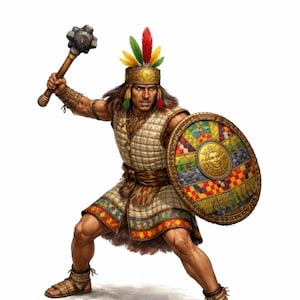 May include: An illustration of an Inca warrior in traditional attire, holding a mace and shield. The warrior wears a feathered headdress, a quilted tunic, and sandals. The shield is round with a sun face design. The warrior is in a defensive stance.