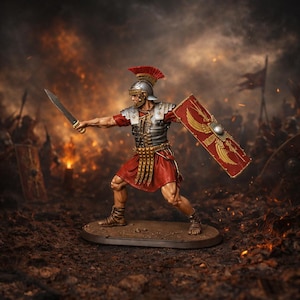 Pode incluir: Figura detalhada de um soldado romano em batalha. O soldado usa uma túnica vermelha, armadura prateada e um capacete com crista. Ele segura uma espada e um escudo com um desenho de águia dourada. O fundo retrata um campo de batalha em chamas.