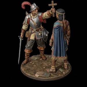 May include: A detailed figurine depicting a conquistador in armor holding a cross towards a native figure. The conquistador wears a helmet with a red plume and carries a sword. The native figure is draped in a blue cape and adorned with gold jewelry.