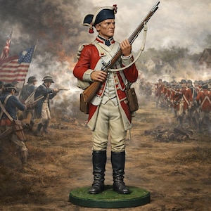 May include: A detailed figurine of a soldier in a red coat, white breeches, and black boots, holding a musket. The figure stands on a green base, with a backdrop of a battlefield scene featuring other soldiers and American flags.