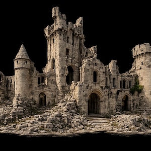 May include: A detailed image of a weathered stone castle ruin against a black background. The castle features multiple towers, arched doorways, and crumbling walls, with a rocky base. The overall color palette is muted, with shades of gray and beige.