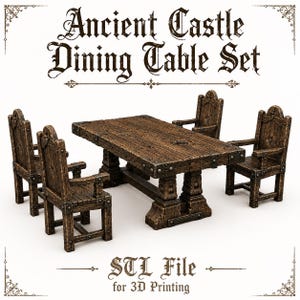 Ancient Castle Dining Table Set STL File for 3D Printing, Medieval Fantasy Furniture Miniature