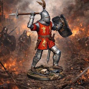 May include: A miniature knight figurine in full armor, wielding a poleaxe and shield. The knight wears a red tunic with gold emblems and a silver helmet. The scene depicts a battlefield with flames and other figures in the background.