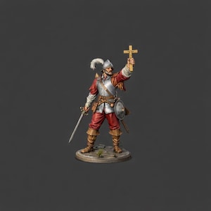 May include: A detailed miniature figure of a conquistador in red and silver armor, holding a golden cross aloft. He has a sword at his side and a shield. The figure stands on a circular base, with a feathered helmet.