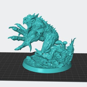 May include: A teal-colored monster figurine with sharp claws and teeth, perched atop a textured base. The creature has a detailed, scaly texture and an open-mouthed expression, suggesting a menacing pose. The base is round and has a rocky appearance.