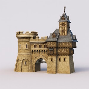 May include: A detailed model of a medieval castle gatehouse. The structure features stone walls, arched doorways, and a gate. The design includes towers, a cross-topped spire, and a combination of stone and timber framing.